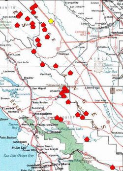 A red polygon indicates an extant occurrence; yellow indicates the occurrence has been extirpated. 